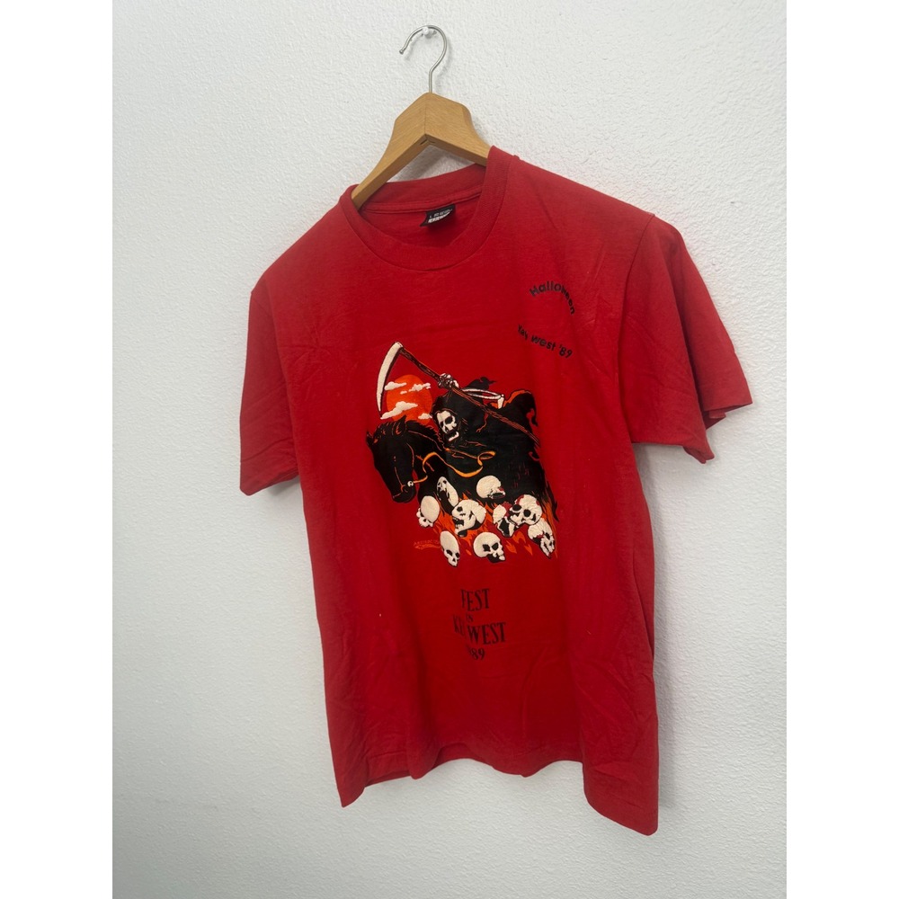 Vintage 1989 Halloween Fest Key West T Shirt Screen Stars Best Red Grim Reaper L
